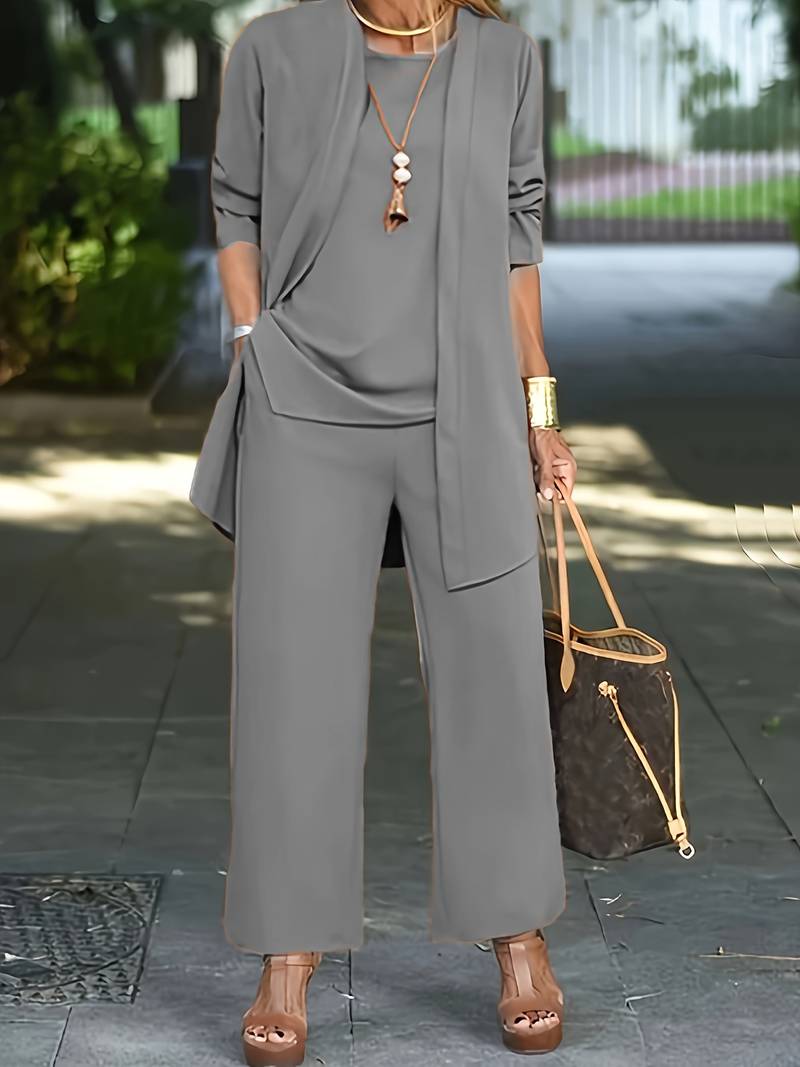 Women's Open-Front Jacket Wide-Leg 3-Piece Co-Ord Set full look - Elegant Smart-Casual Set