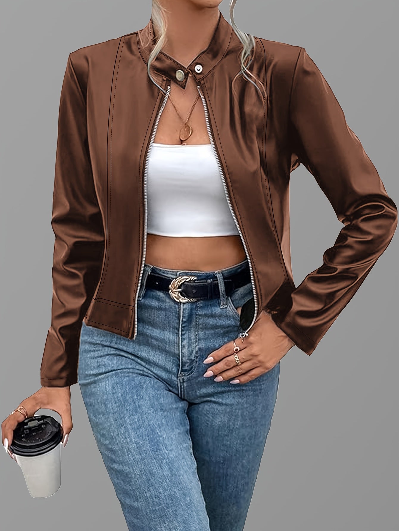 Loess Ochre zip-up jacket styled with jeans
