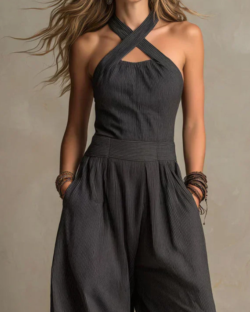 Striped wide leg jumpsuit, back view