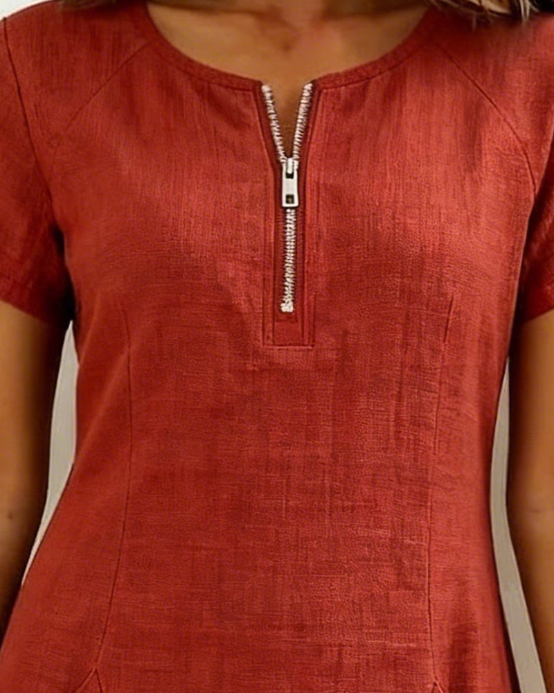 Round Neck Short Sleeve Pocket Zip Cotton Linen Dress