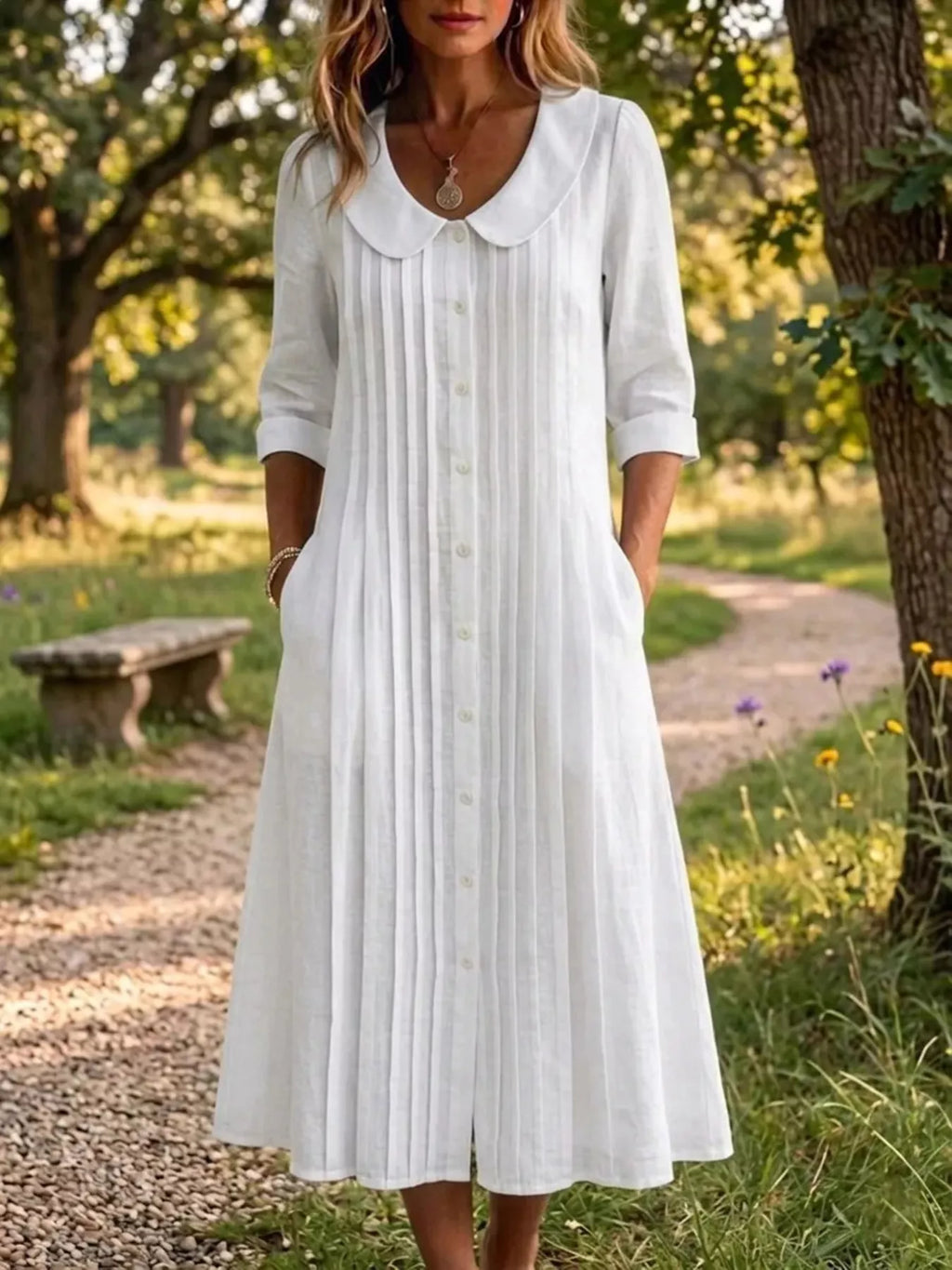 White Peter Pan Collar Button-Down Dress, front view