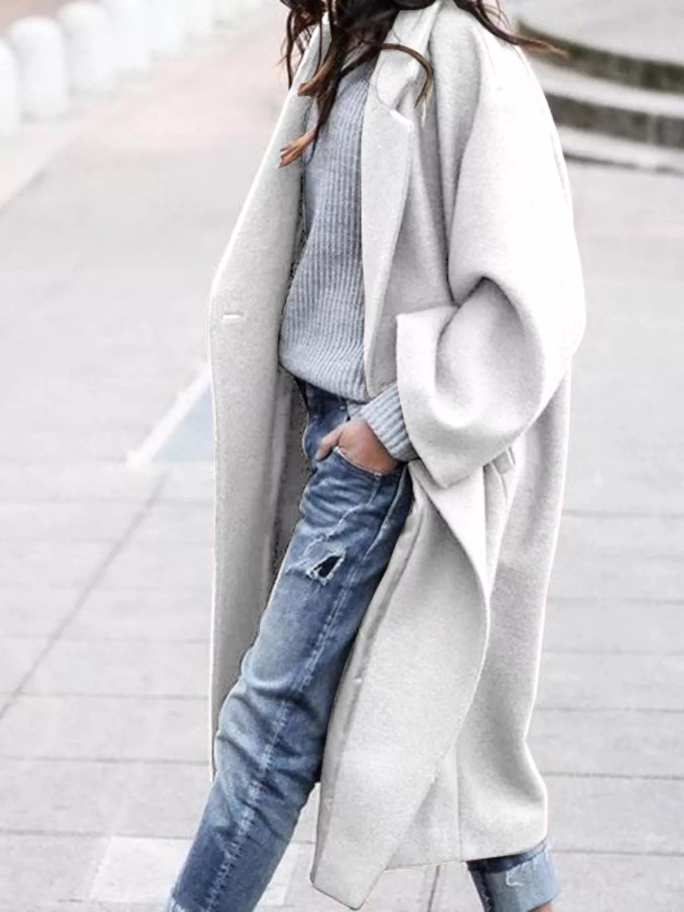 Oversized wide sleeve single breasted long coat with wide sleeves