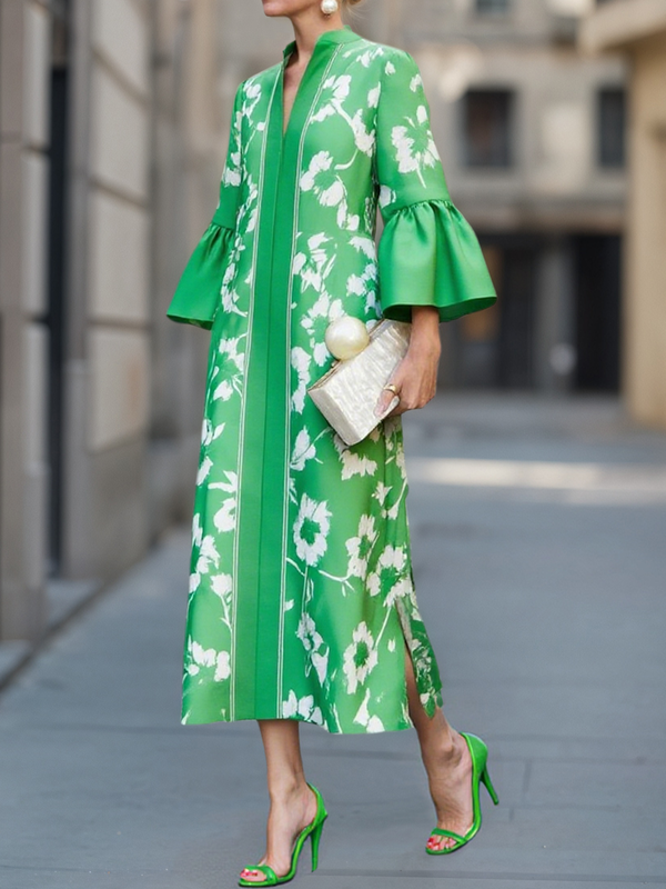 Green floral print maxi dress with flared bell sleeves and V-neckline, front view on model