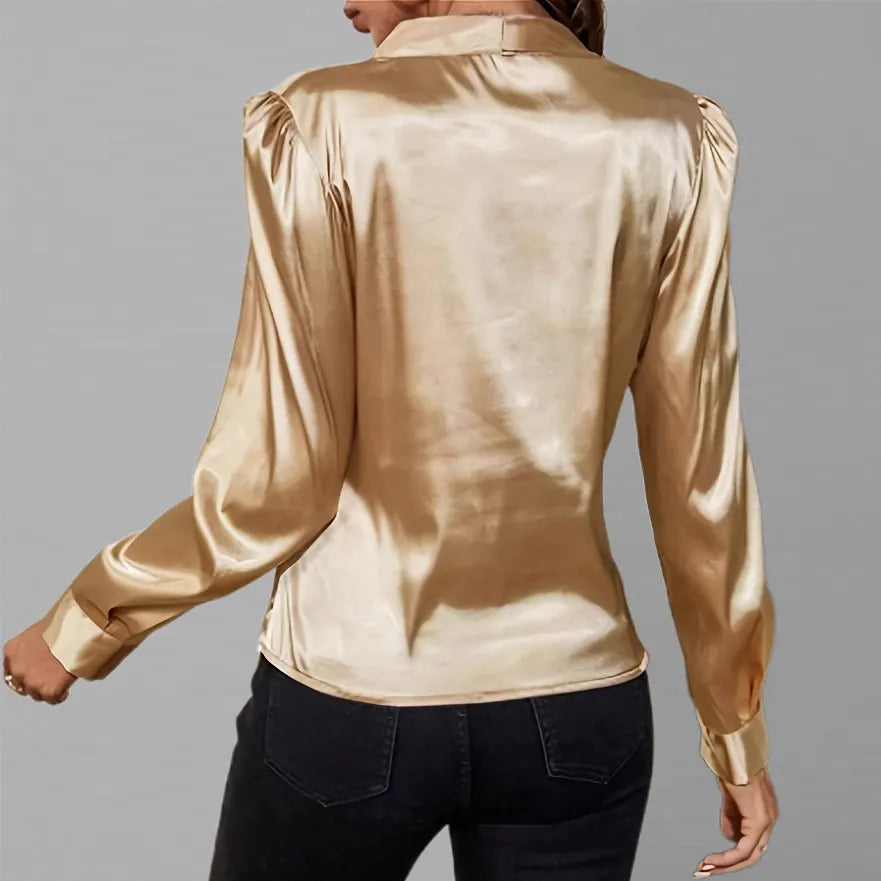 Women's Satin Draped Wrap Puff Sleeve Blouse