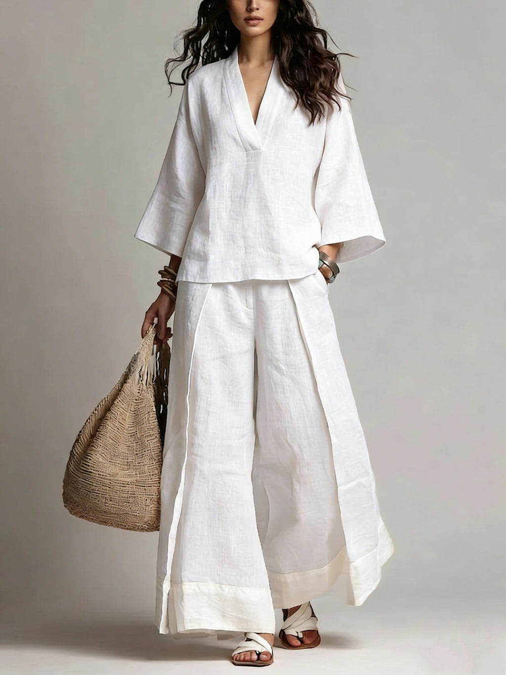 Cotton linen V-neck shirt and wide leg set, model view