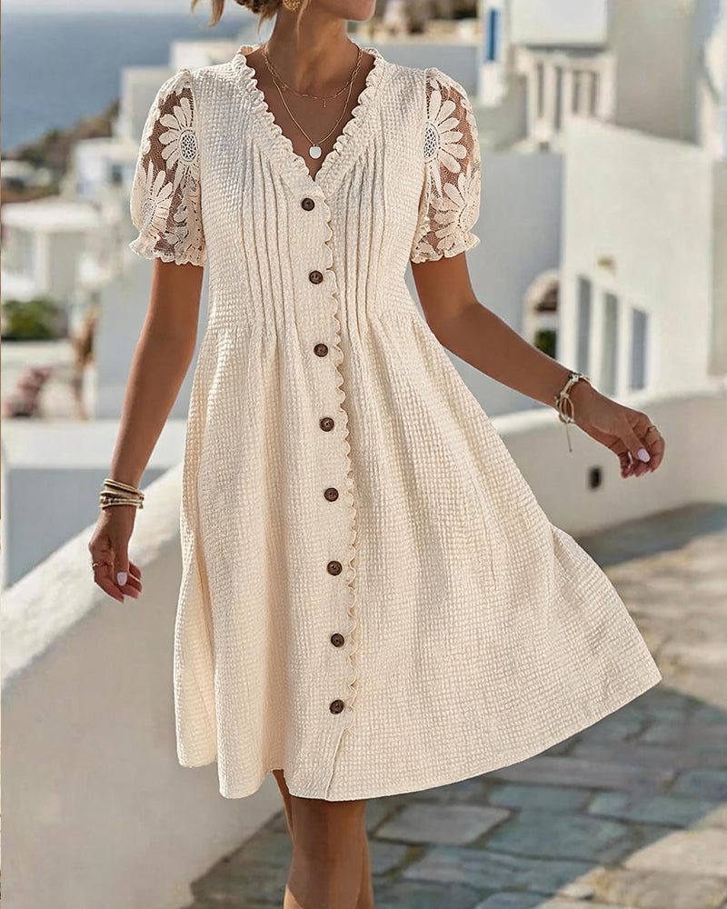 Puff Sleeve Sunflower Lace Patchwork Dress Beige | Alba Muse