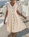 Puff Sleeve Sunflower Lace Patchwork Dress Beige | Alba Muse