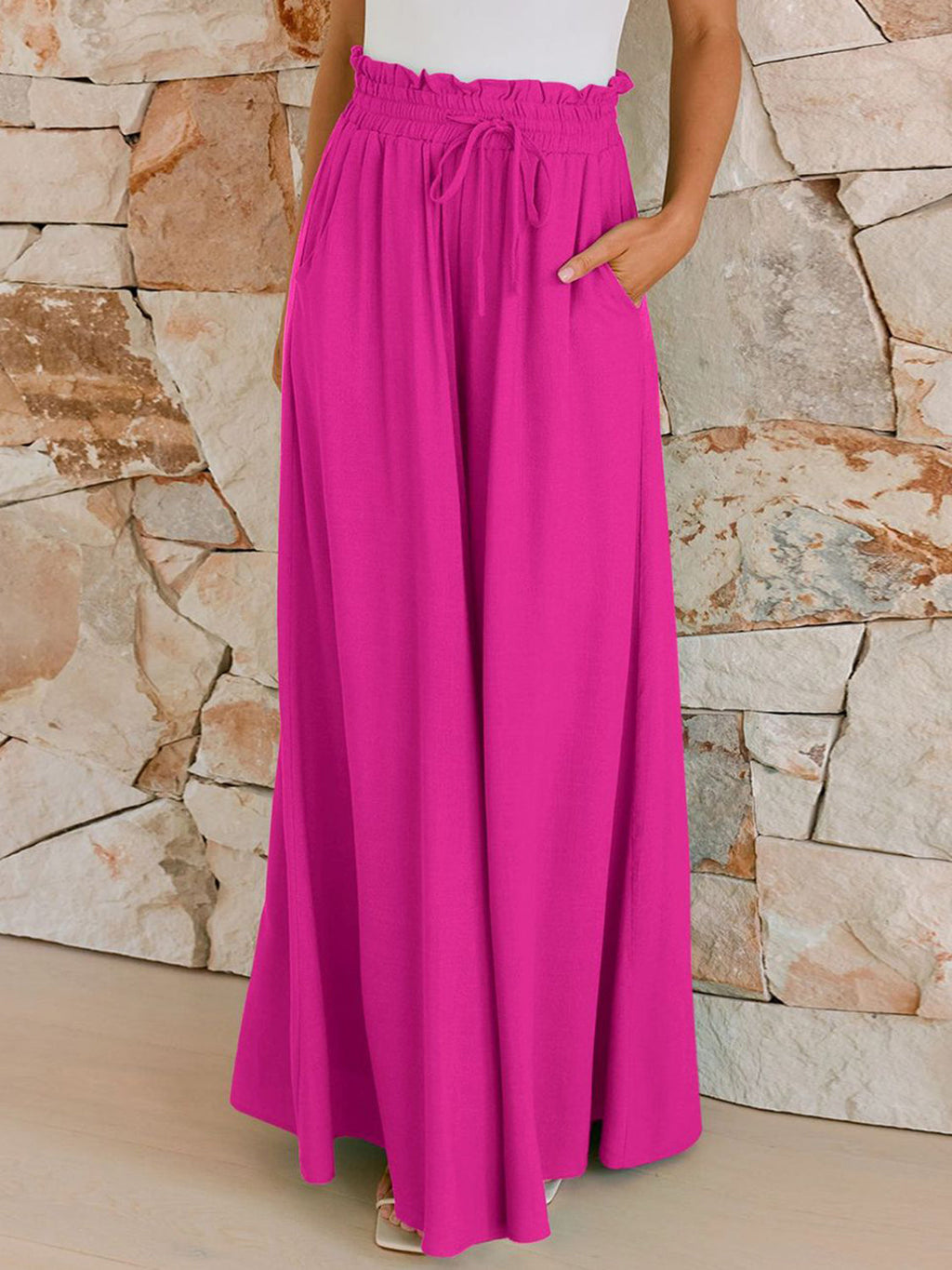 Women's Drawstring Wide Leg Trousers with Pockets – Casual