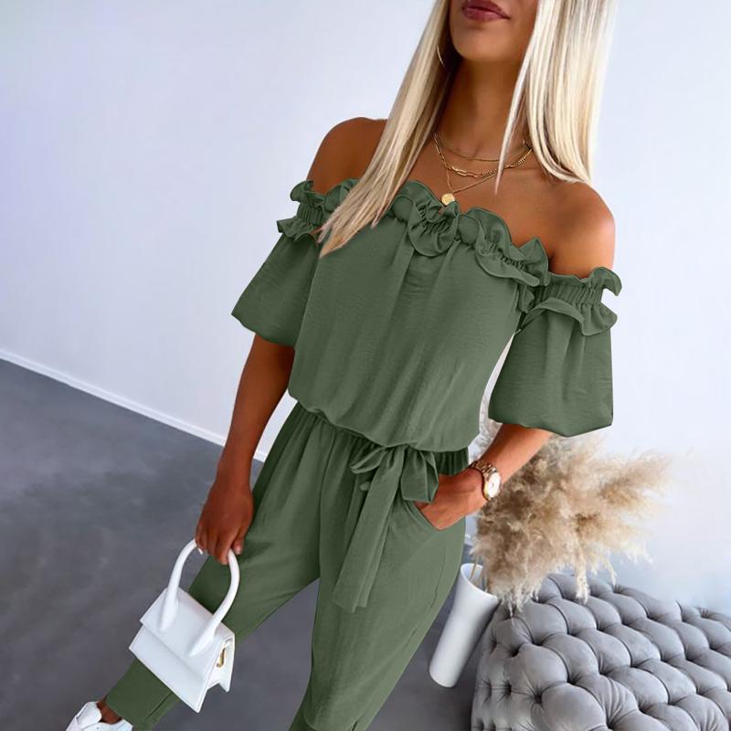Green tie-waist jumpsuit with off-shoulder frill neckline | Alba Muse