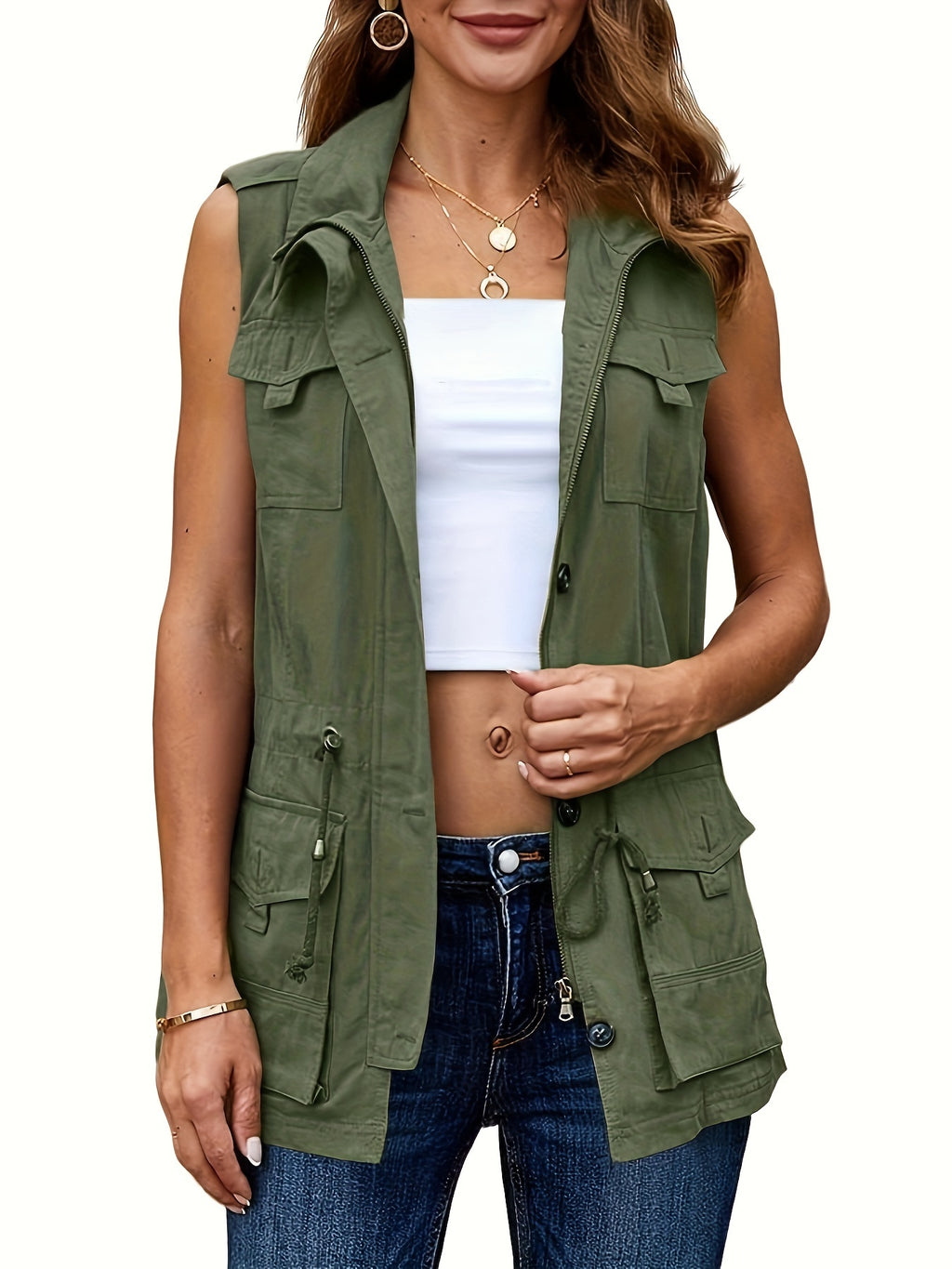 Khaki sleeveless drawstring vest jacket