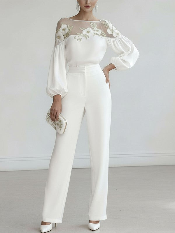 White Floral Applique Mesh Puff Sleeve Blouse