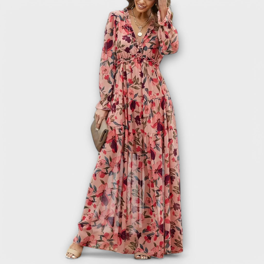 Women's floral V-neck pleated maxi dress with long sleeves, front view