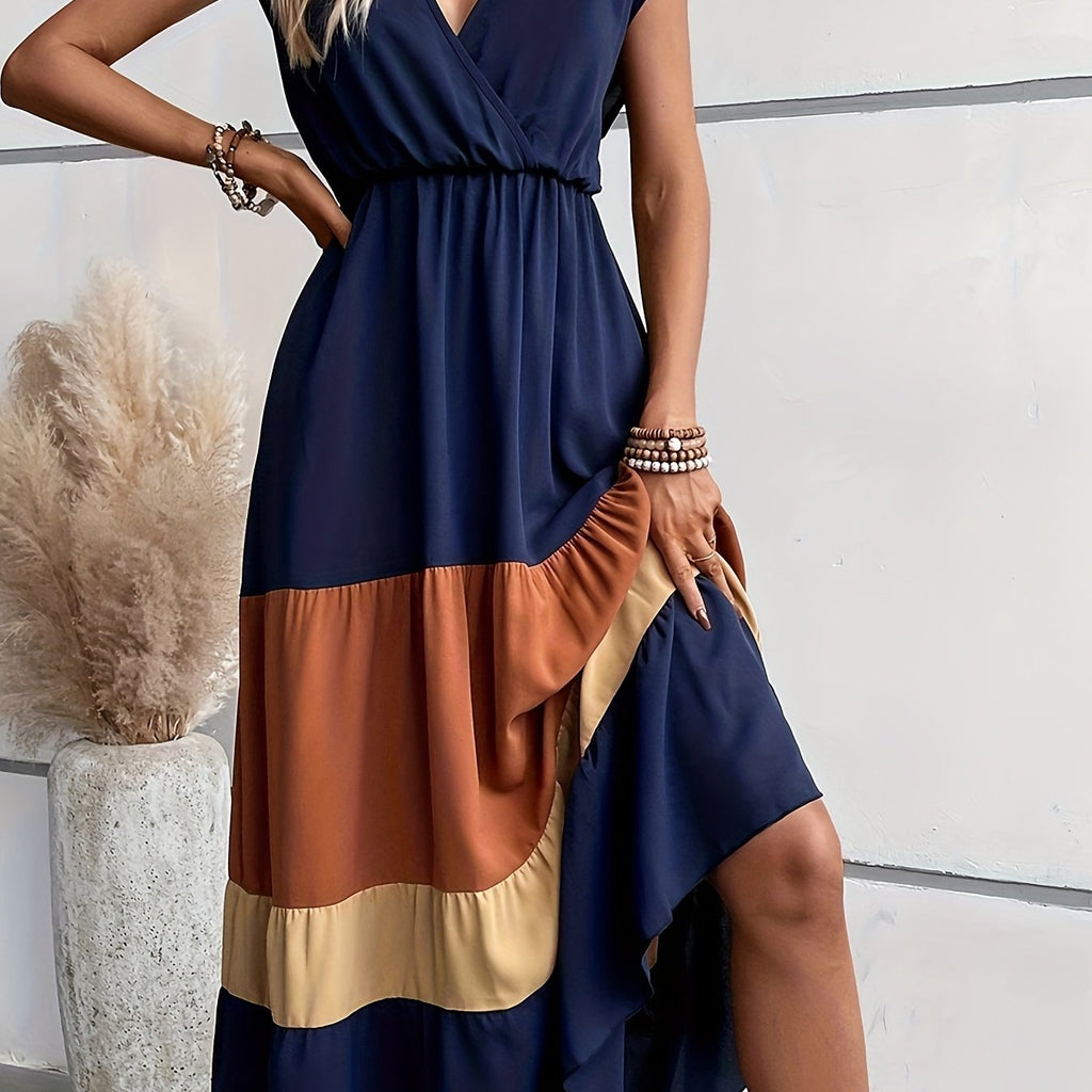 Colour-block criss-cross neck sleeveless midi dress | Alba Muse