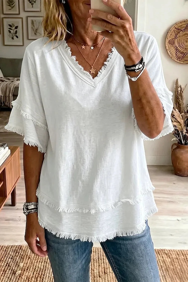 Raw hem linen top in blue, casual summer V-collar blouse | Alba Muse