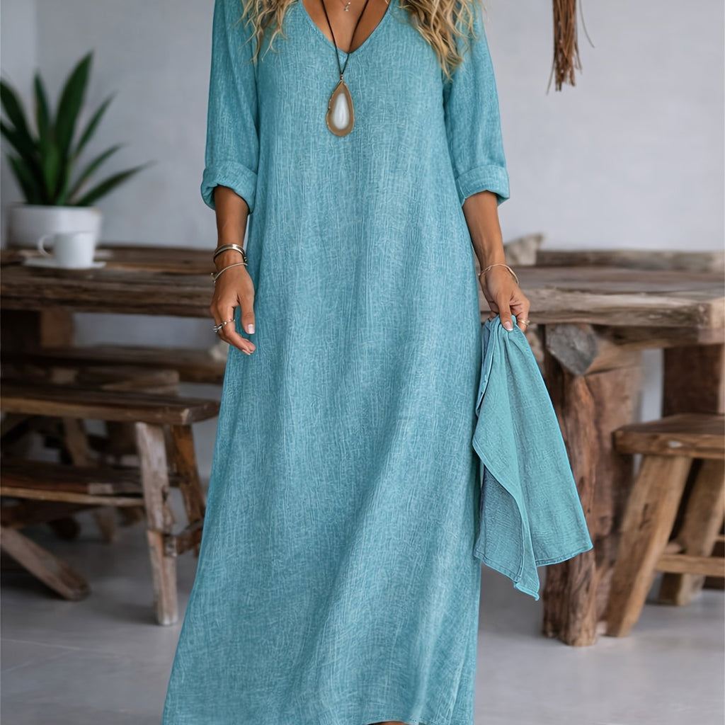 V-neck long sleeve loose linen maxi dress | Alba Muse