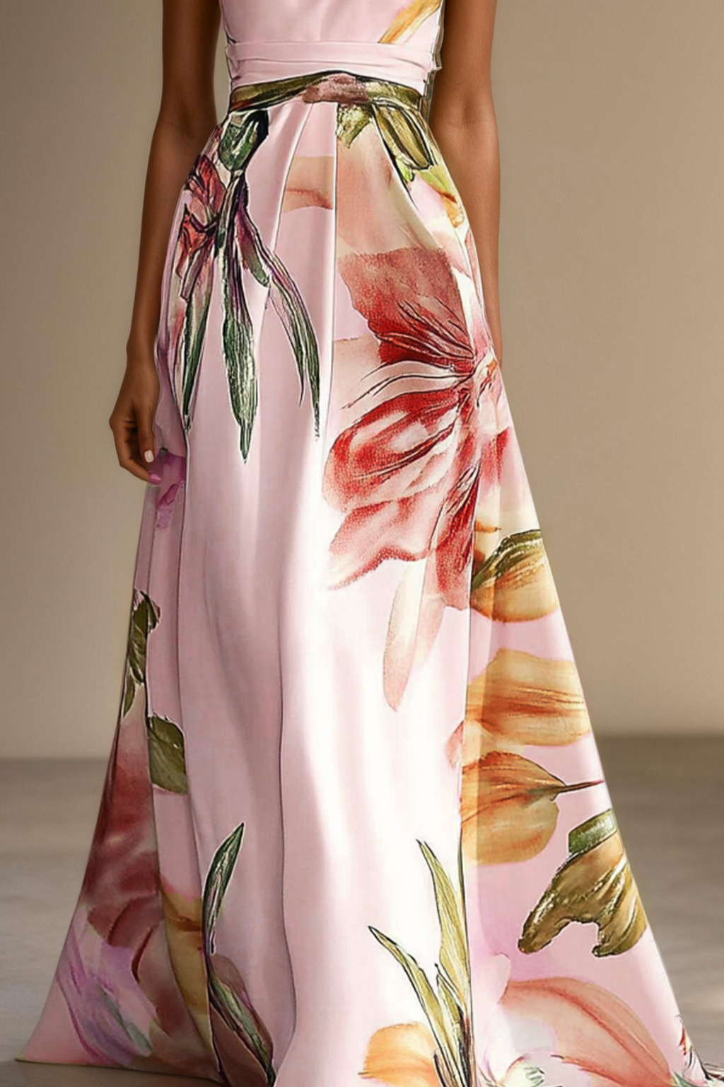 Women's floral satin one shoulder maxi dress in pink – floral print