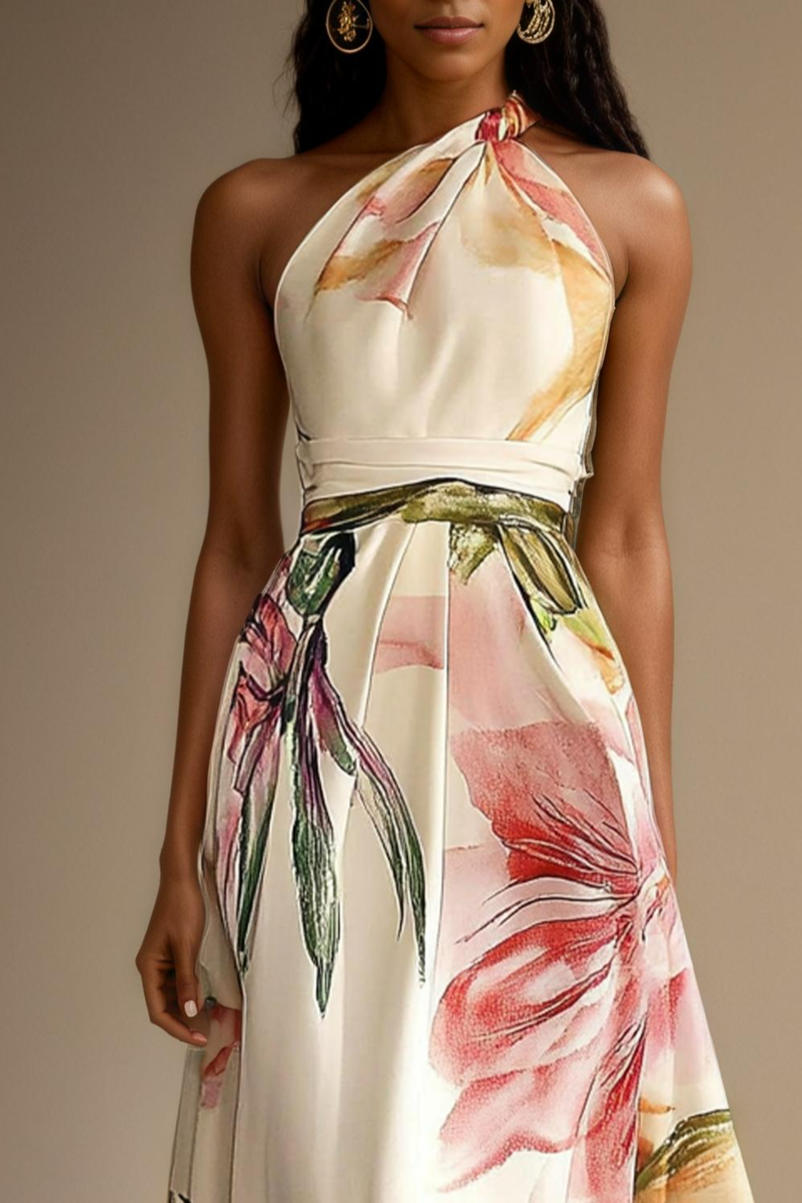 Pink floral satin halter maxi dress – one shoulder belted waist detail