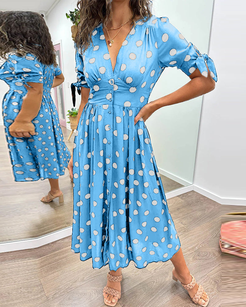 Black Polka Dot V-Neck Button Midi Dress | Alba Muse