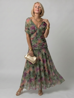 Draped off-shoulder occasion midi dress close-up of neckline