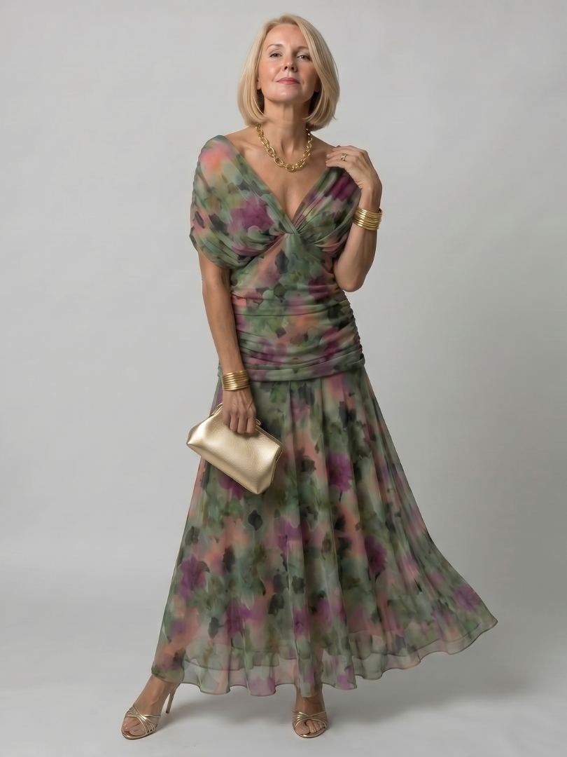 Draped off-shoulder occasion midi dress close-up of neckline