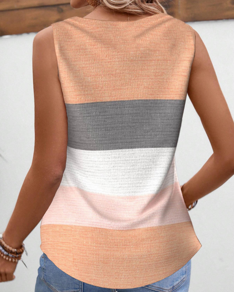 Striped Square Neck Shirred Button Sleeveless Vest Top