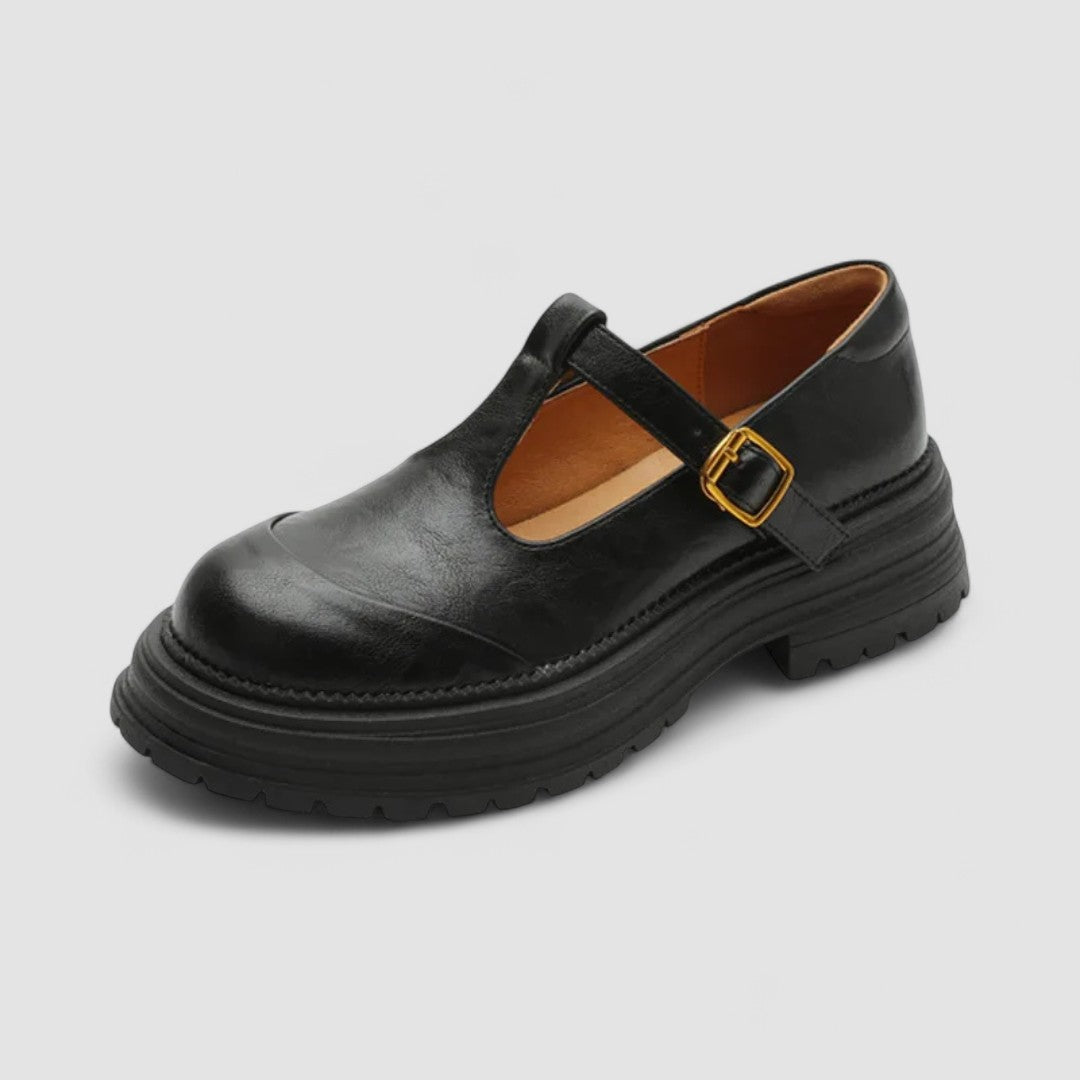 Orthopaedic T strap buckle Mary Jane flats with a wide stable base