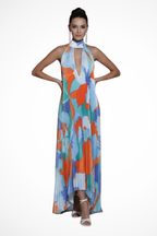 Women's printed pleated maxi dress for weddings and garden parties, front view