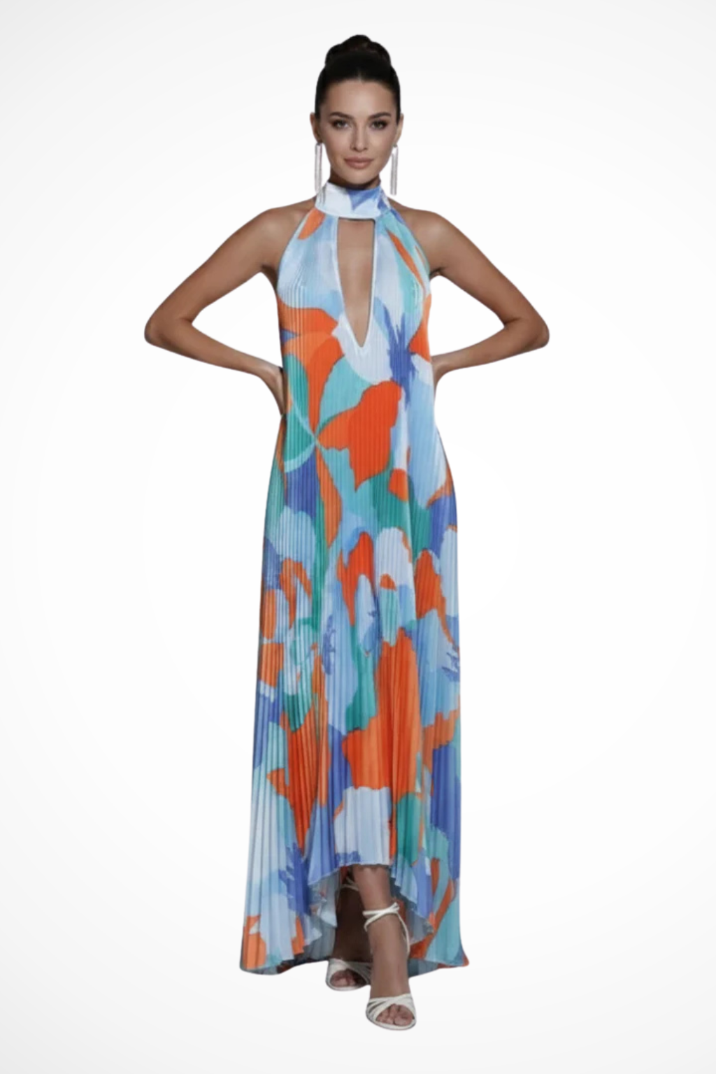 Women's printed pleated maxi dress for weddings and garden parties, front view