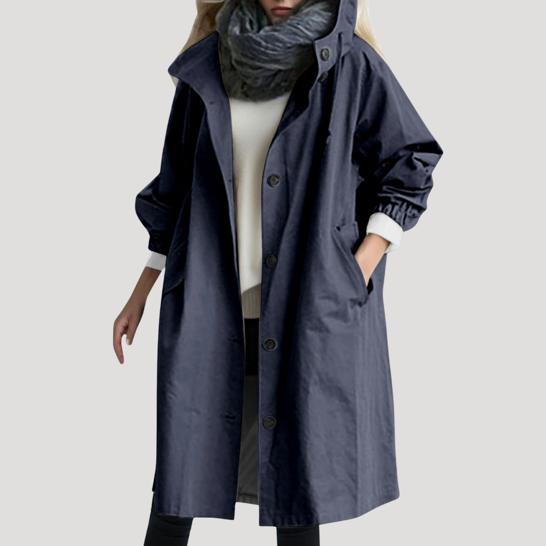 Relaxed hooded button front coat with a relaxed silhouette
