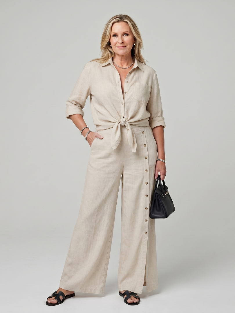 Tie front co-ord styled for casual occasions, lifestyle