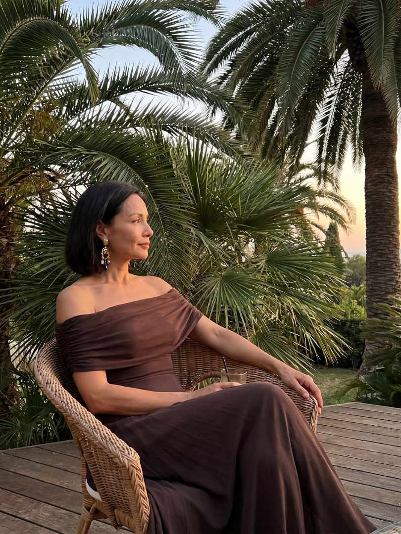 Off-shoulder draped midi dress, full length view