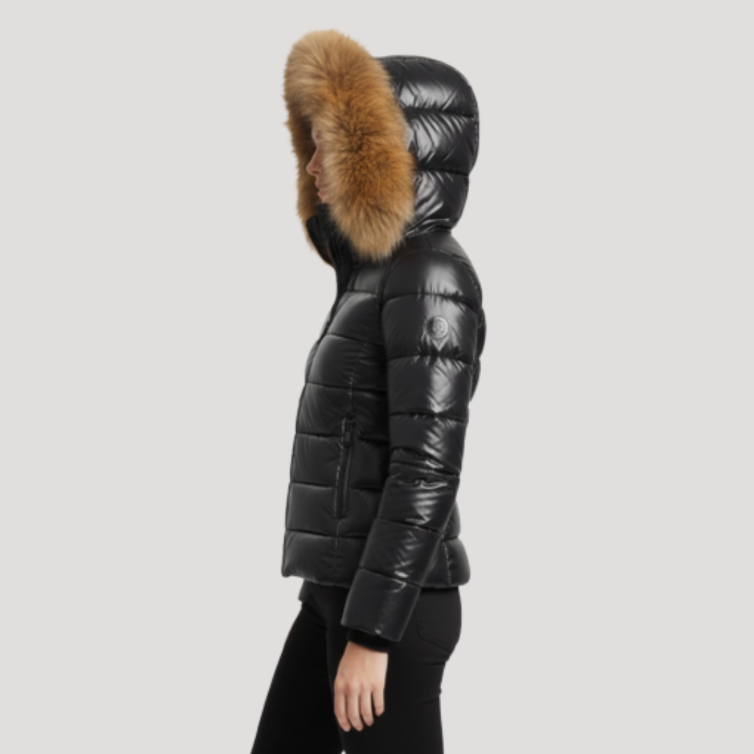 Faux fur trim glossy hooded puffer jacket with practical winter layering