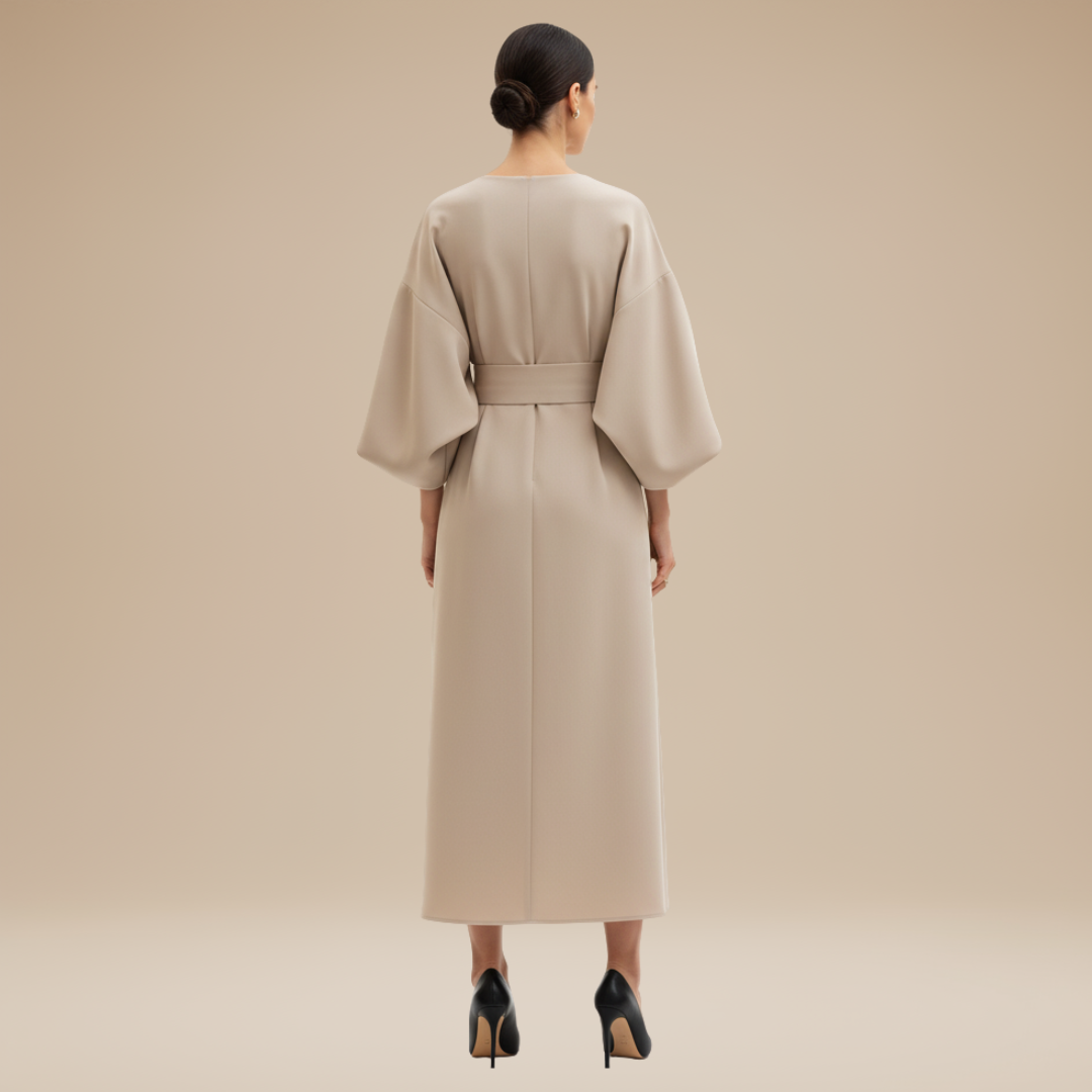 Belted wide sleeve wrap midi dress, fabric drape detail