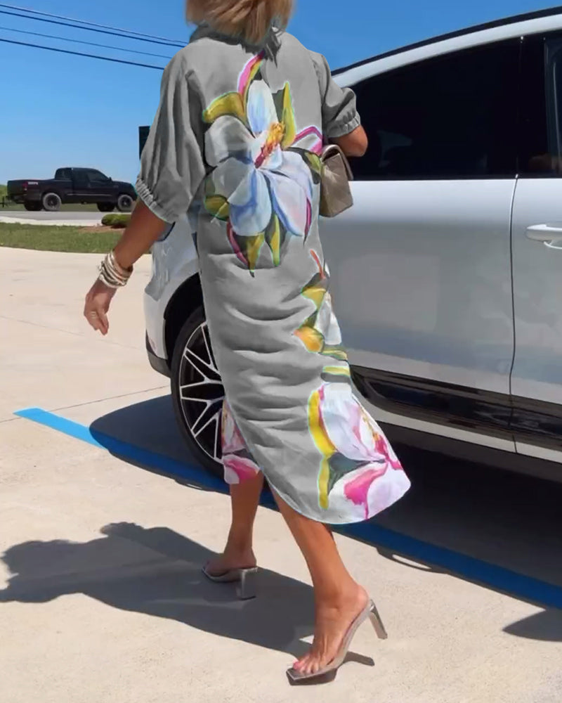 Grey Floral V-Neck Loose Midi Dress | Alba Muse