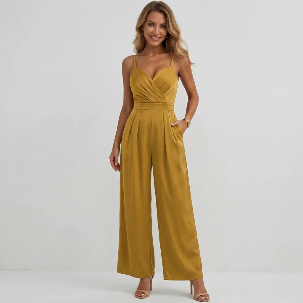 Women's high waisted wide leg party jumpsuit, back view showing V-neck strap detail