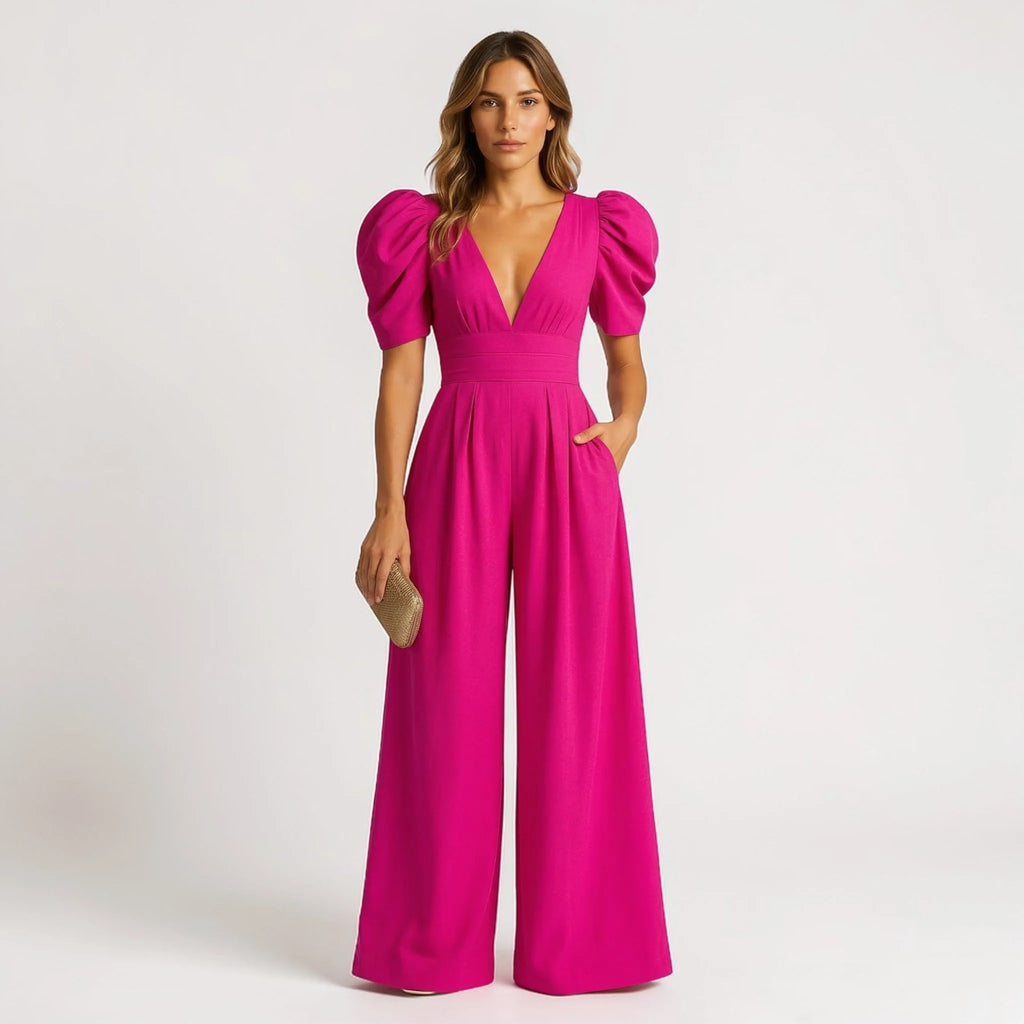 Women's green puff sleeve wide leg jumpsuit – smart formal style