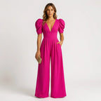 Women's green puff sleeve wide leg jumpsuit – smart formal style