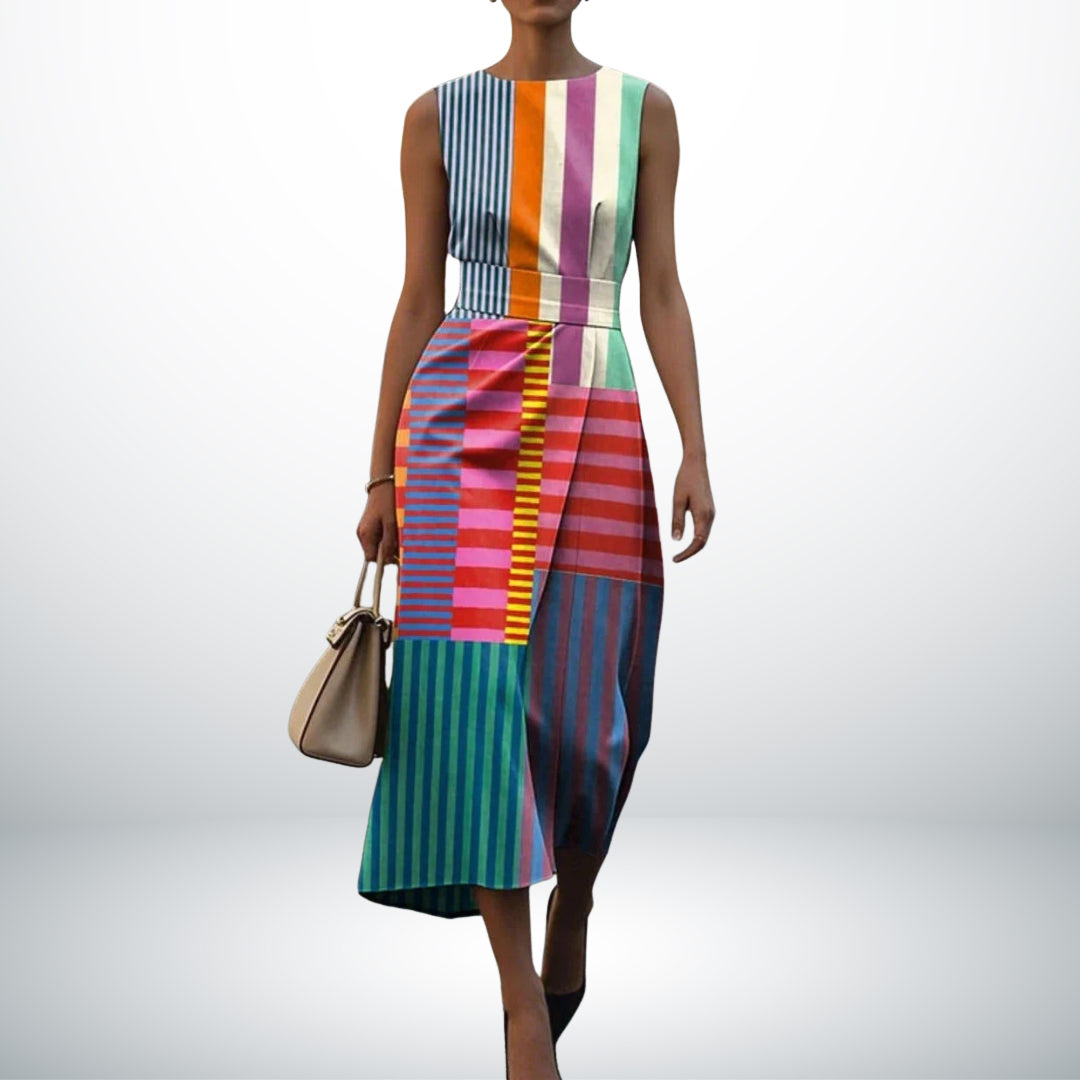 Women's geometric print casual dress in bold abstract pattern, relaxed day dress silhouette, front view
