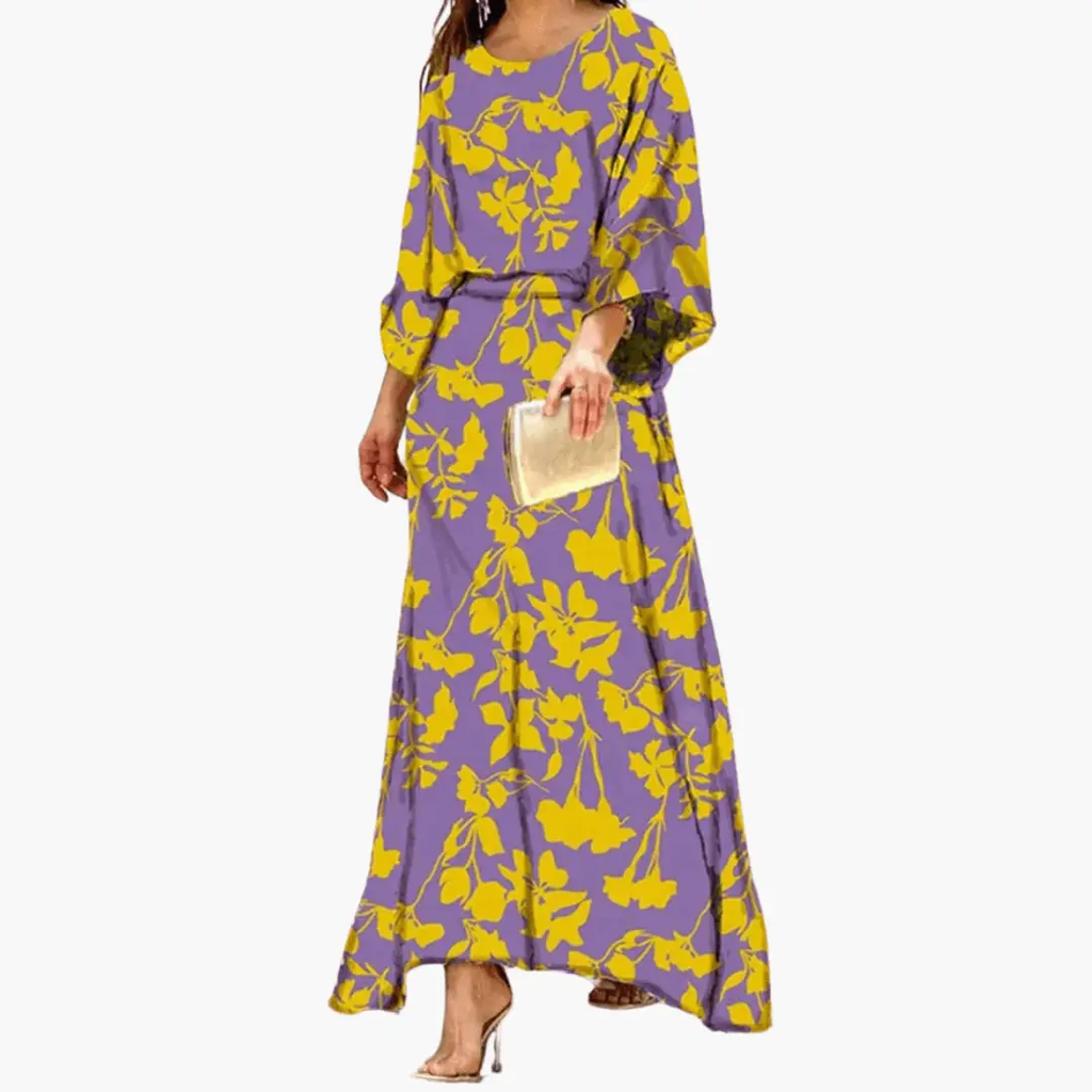Women's casual summer boho print maxi dress, full-length back view