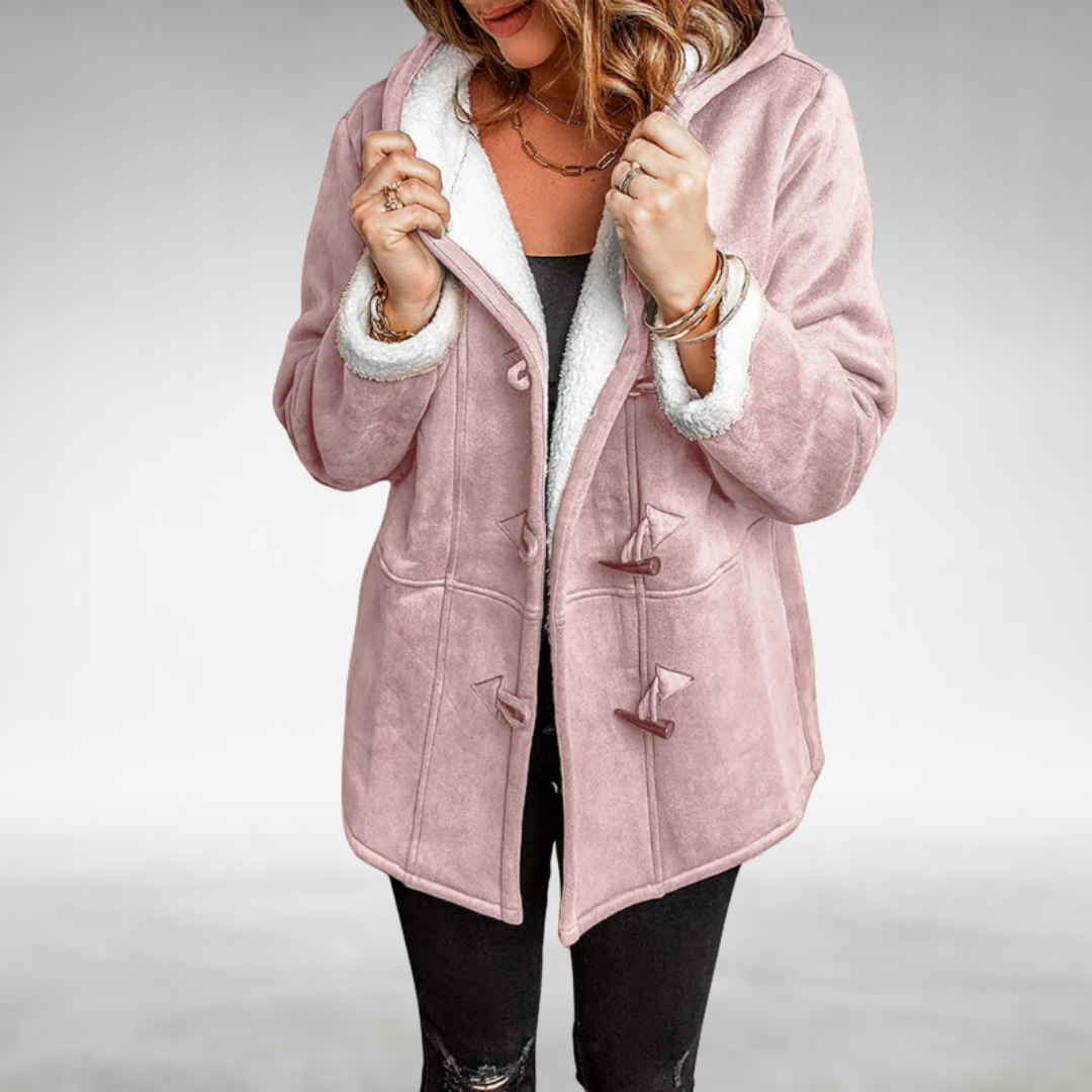 Fleece lined hooded toggle winter coat with a fleece lining