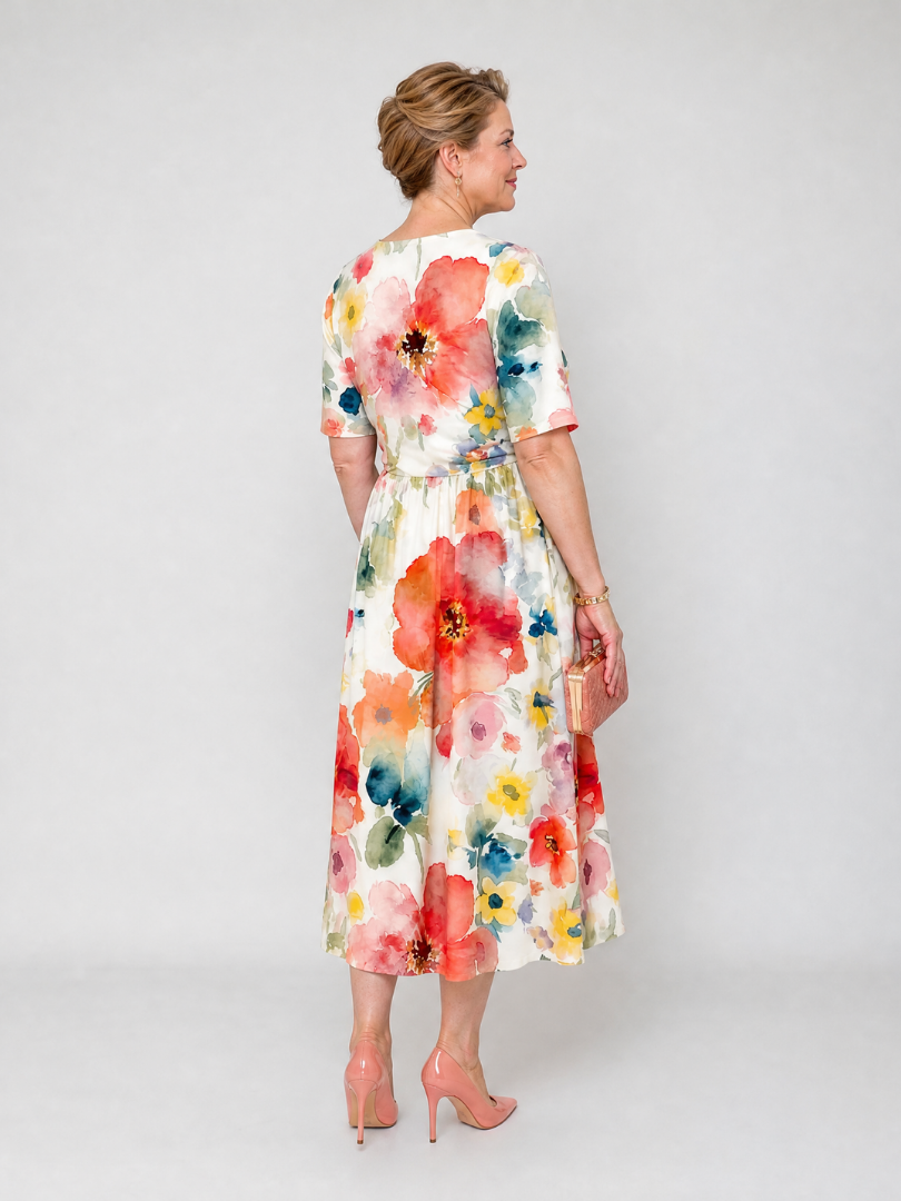 Corinne floral midi dress, back view