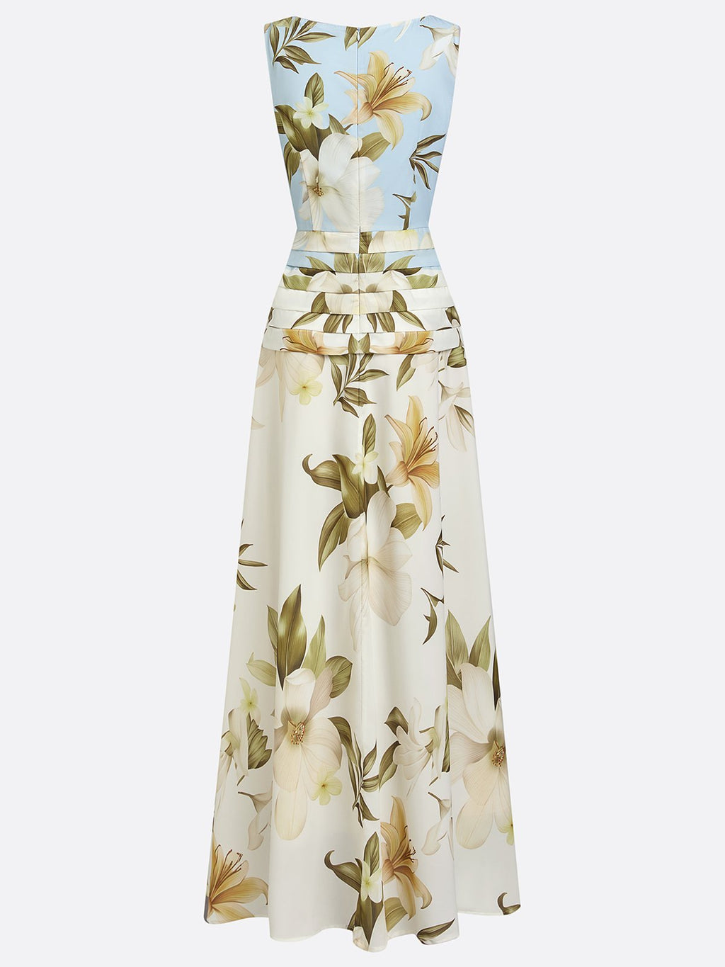 Women's Floral Boat Neck Sleeveless Maxi Dress in light blue skirt movement - Elegant Wedding Guest Maxi Dress