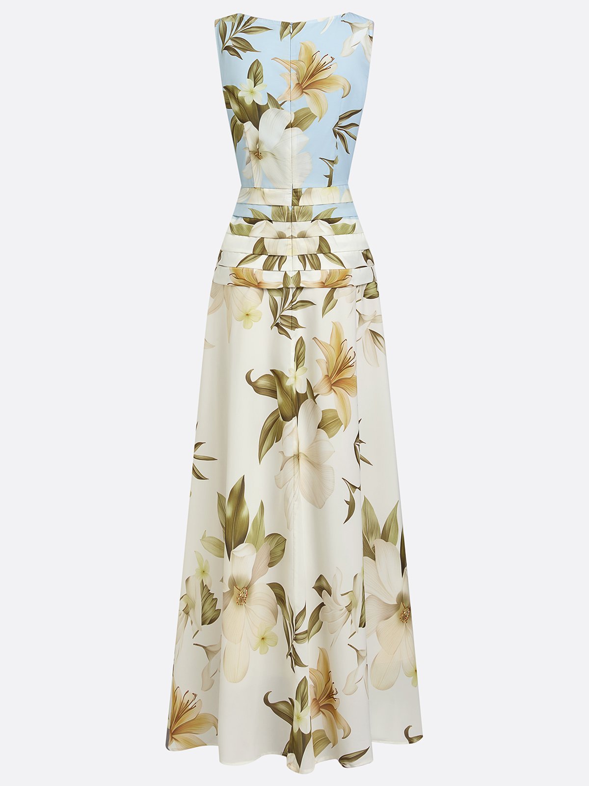 Women's Floral Boat Neck Sleeveless Maxi Dress in light blue skirt movement - Elegant Wedding Guest Maxi Dress