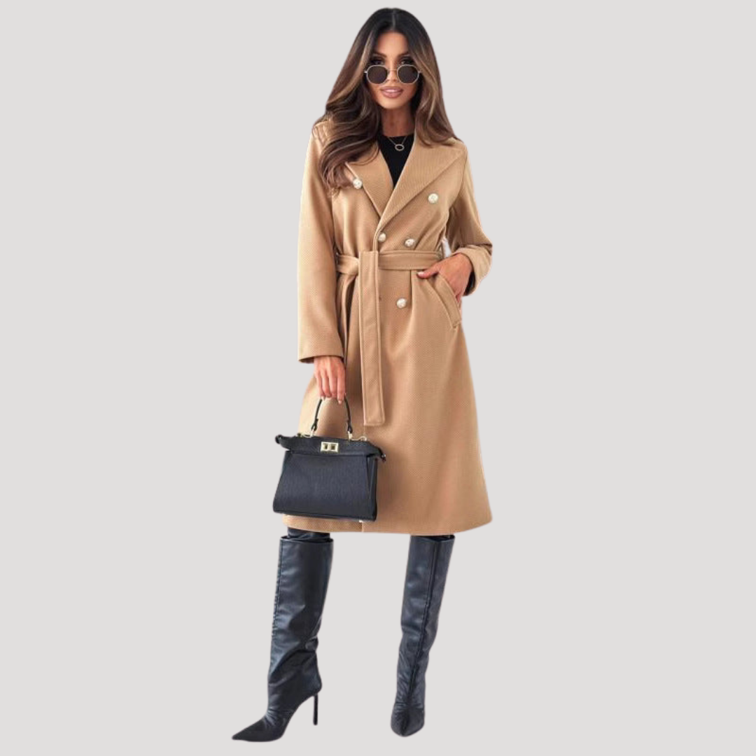 Double breasted belted longline coat with a longline silhouette