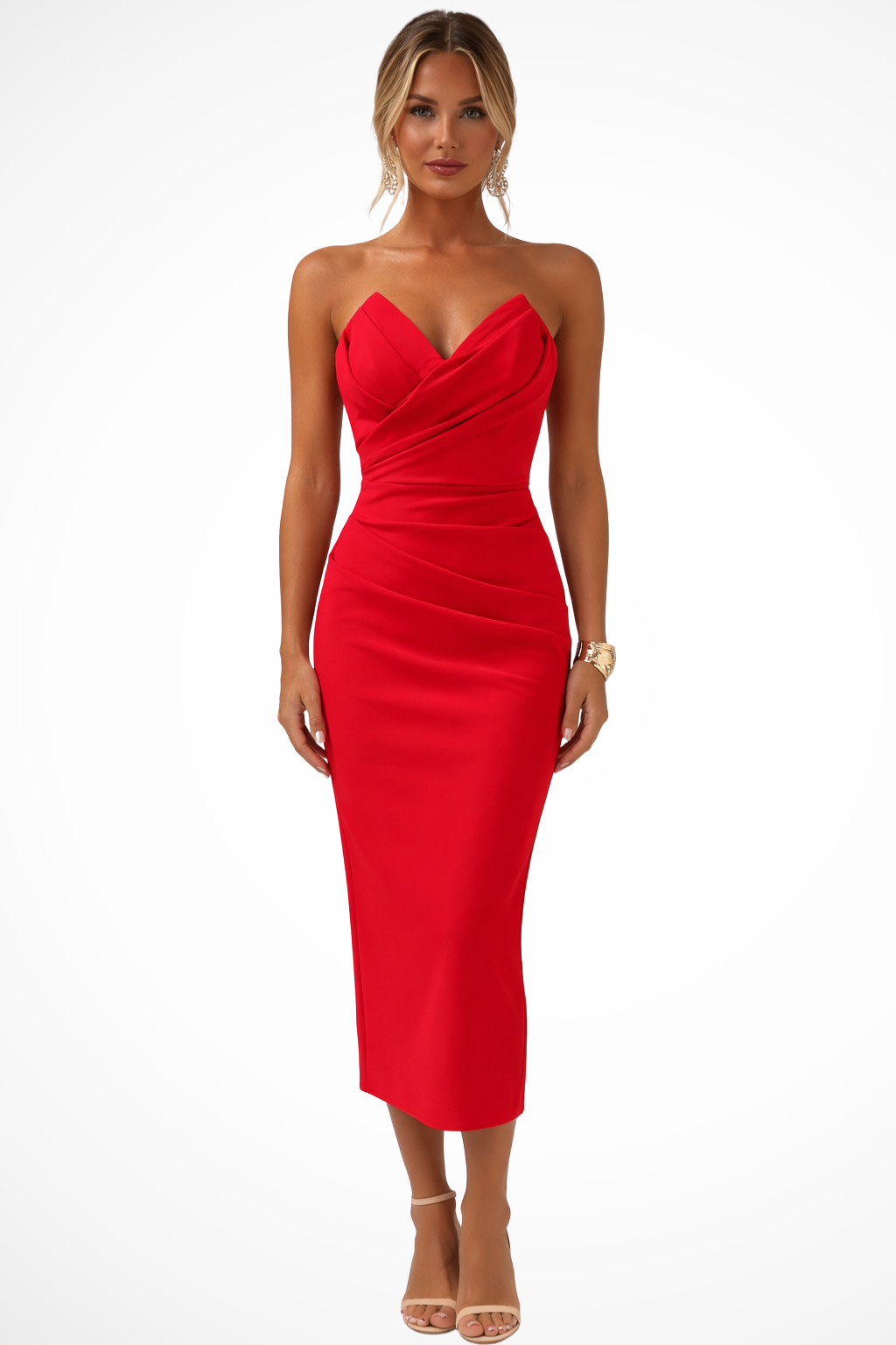 Women's body-hugging ruched dress full length midi view