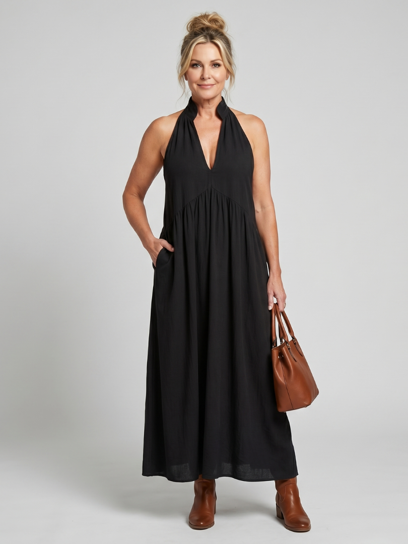 Relaxed Fit Casual Summer Midi Dress in Black, front view