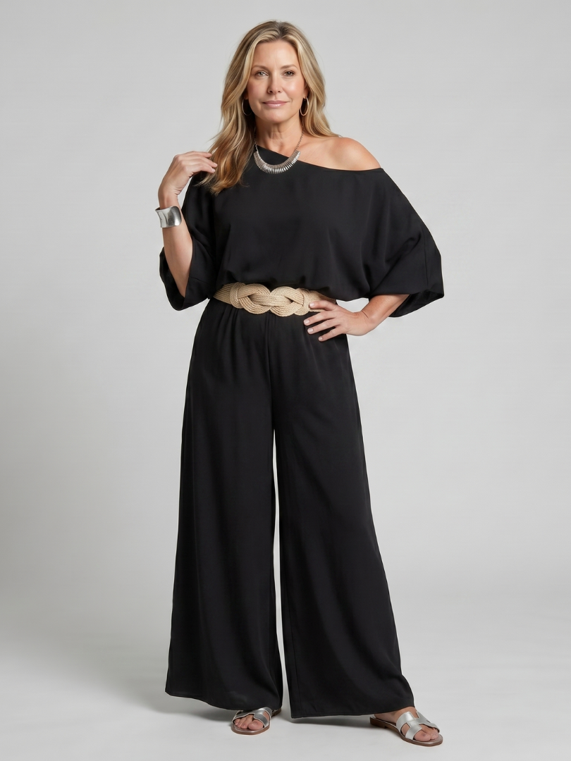 One-shoulder co-ord set, side view showing wide leg trousers