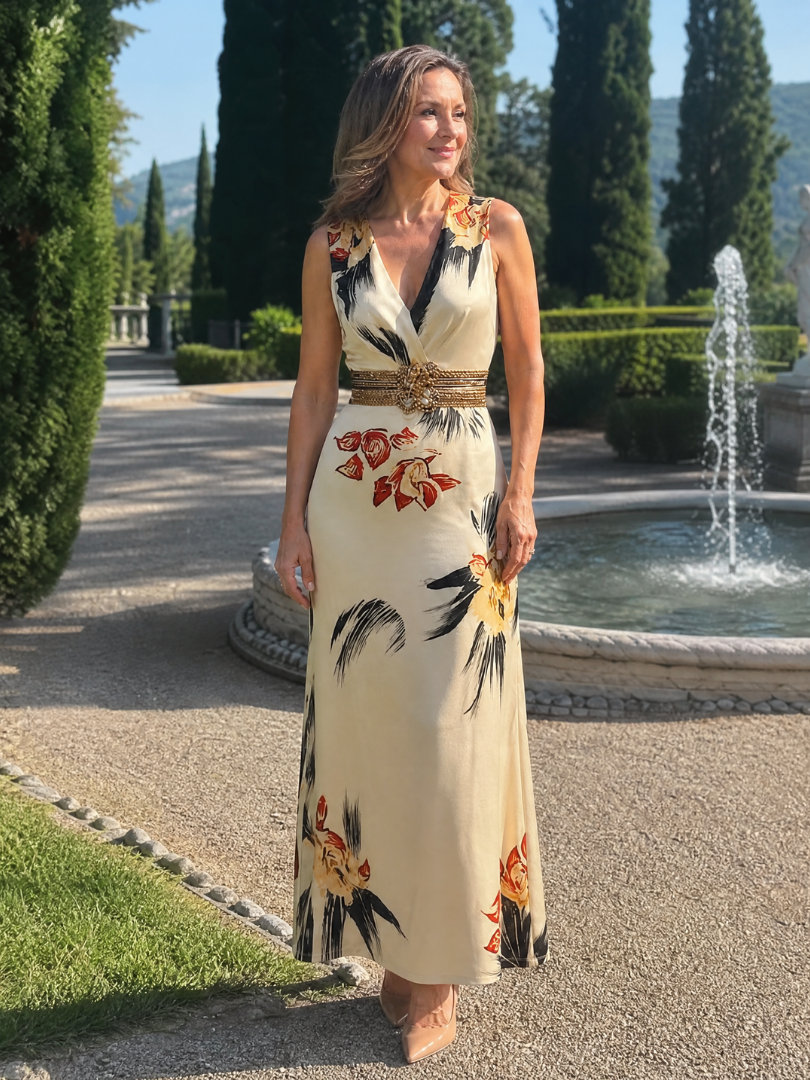 Loimen floral sleeveless midi dress in white, back view