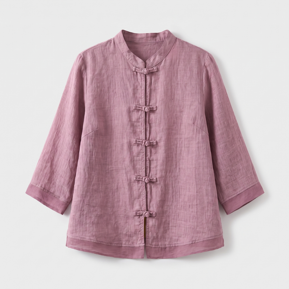 Mandarin Collar Frog Button Linen Blouse