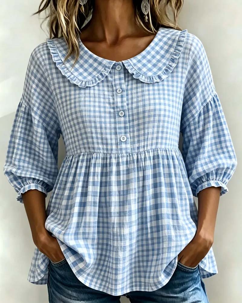 Plaid Peter Pan collar blouse, back view